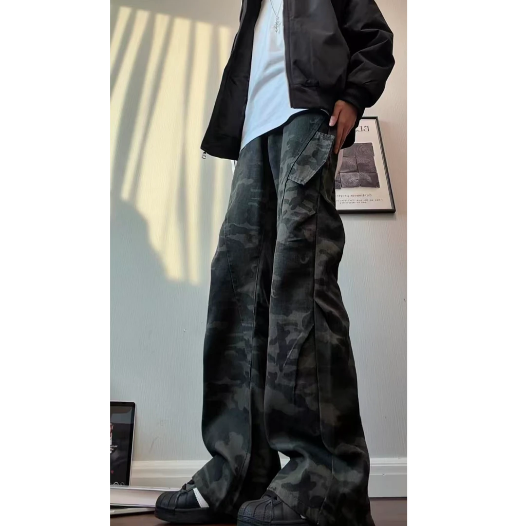 美式复古斜切纯棉牛仔裤男款秋冬褶皱遮肉显瘦工装裤潮牌直筒裤子