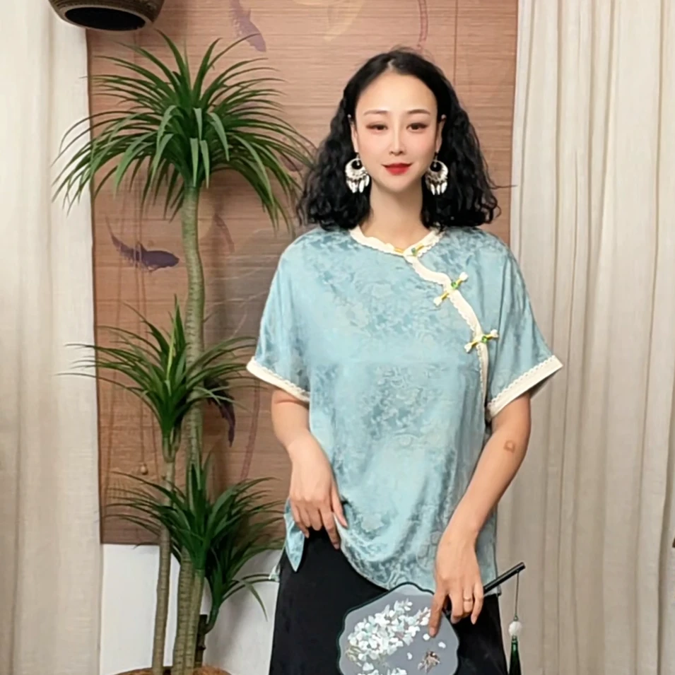 525高货新品定制蕾丝边遮肉显瘦新中式老钱风百搭气质国风小衫