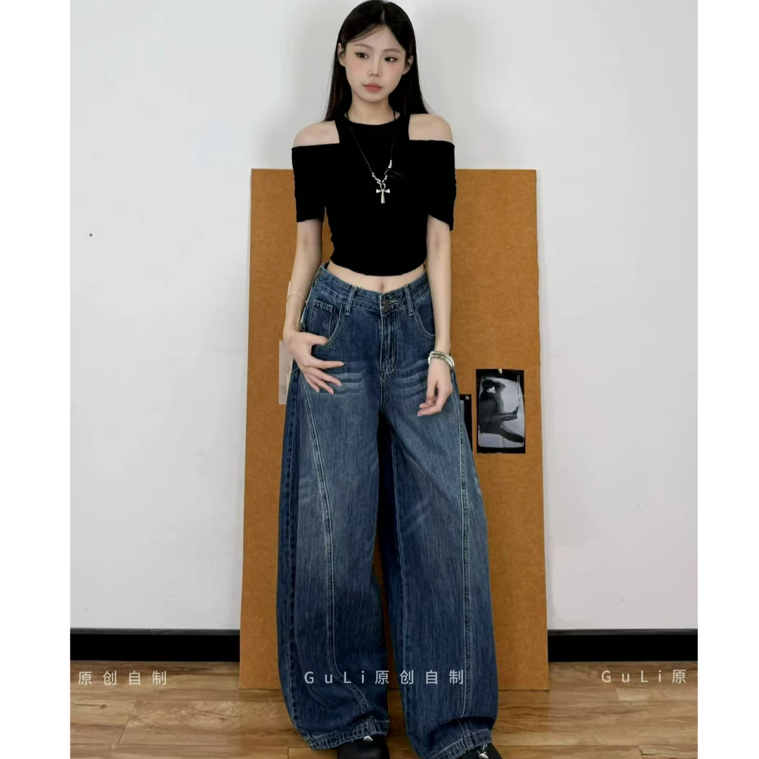 GL 初秋配腰带原创美式高街裁剪水洗弯刀牛仔裤女拖地垂深蓝显瘦