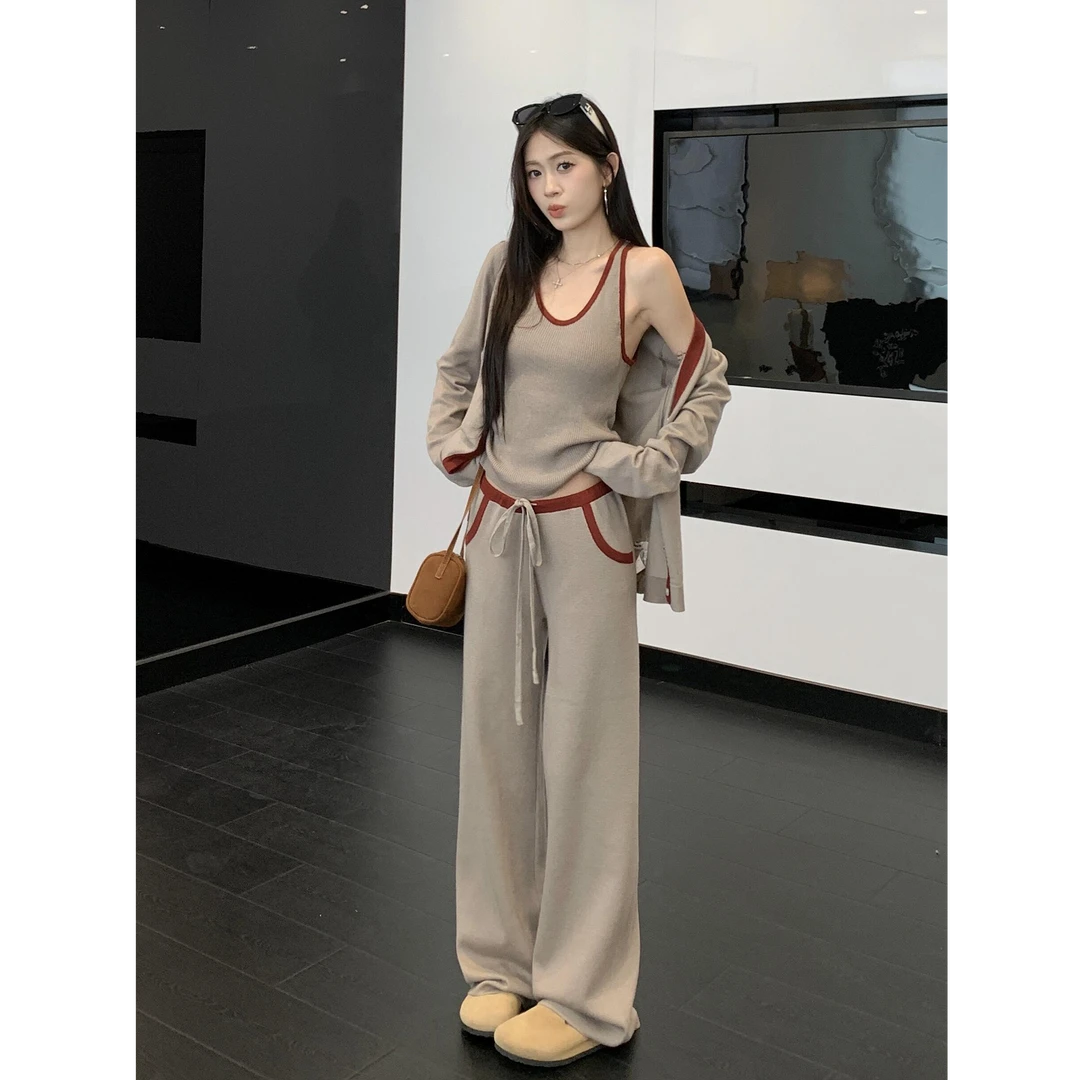 韩系早秋新款一整套盐系轻熟减龄运动休闲针织外套阔腿裤三件套女