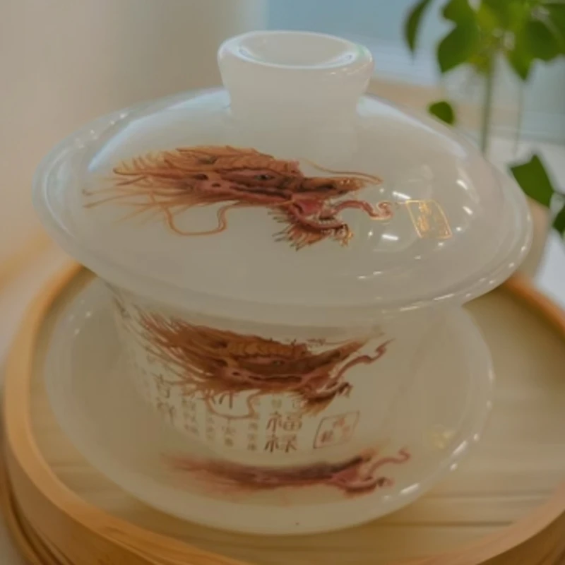 福龙临门-琉璃三才盖碗1301高档高档高档中式手绘陶瓷矾红描金