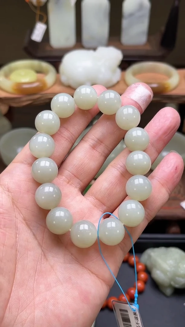 【闪购商品】和田玉手串未镶嵌D卡14且末青白圆珠 30568