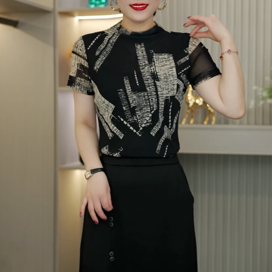 2025新款时尚欧版洋气半高领印花上衣百搭气质简约短袖小衫