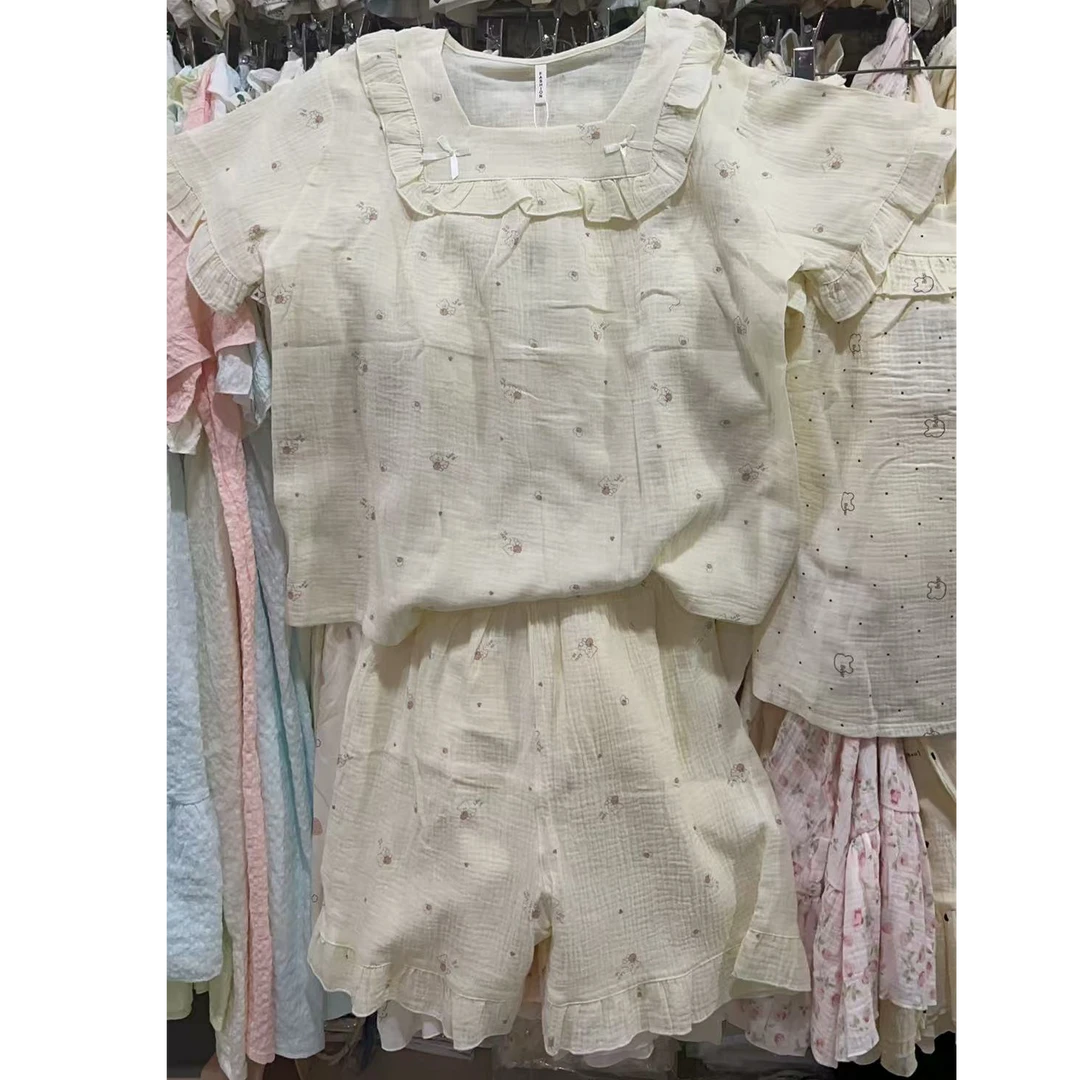 女士纱布棉睡衣，短袖短裤套装，可爱清新甜美卡通透气舒适