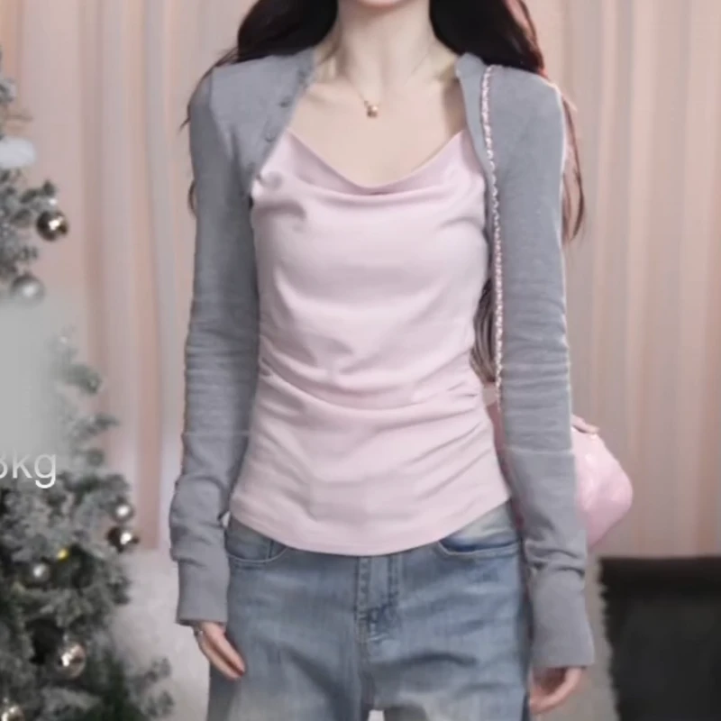 秋冬法式荡领温柔撞色长袖假两件T恤LK2509050