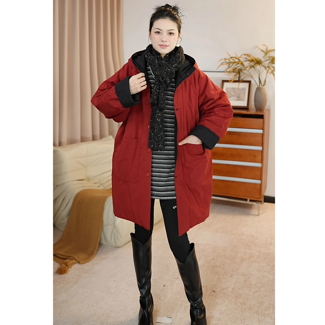 972两面穿新款冬款加厚棉服休闲连帽中长款时尚防风保暖过膝宽松