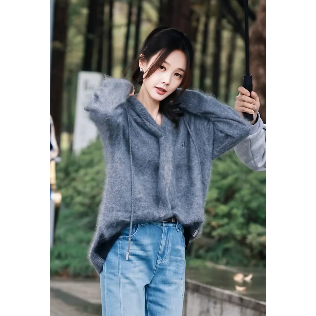 【李一桐同款】慵懒风百搭灰色连帽宽松针织衫上衣女百搭牛仔裤套装