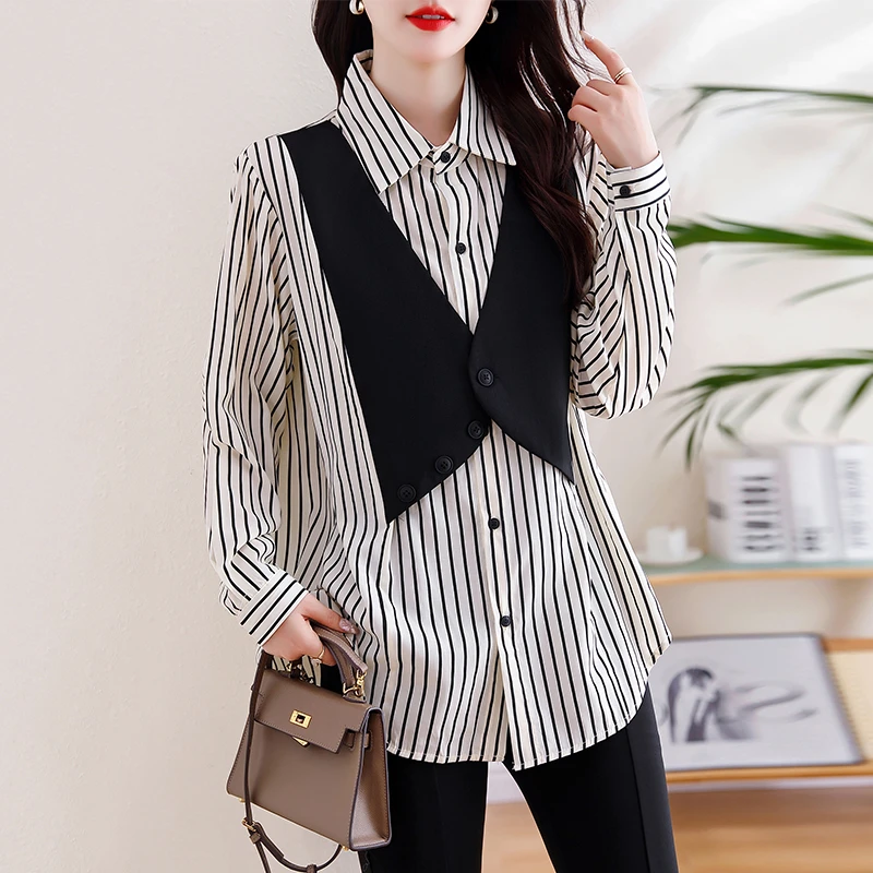 秋新款大码女装韩版潮流假两件拼接条纹马甲袖长衬衫衣