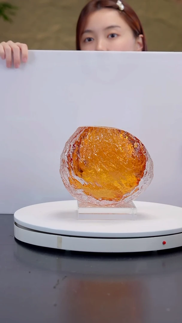 摆件琥珀色火山石花器+底座