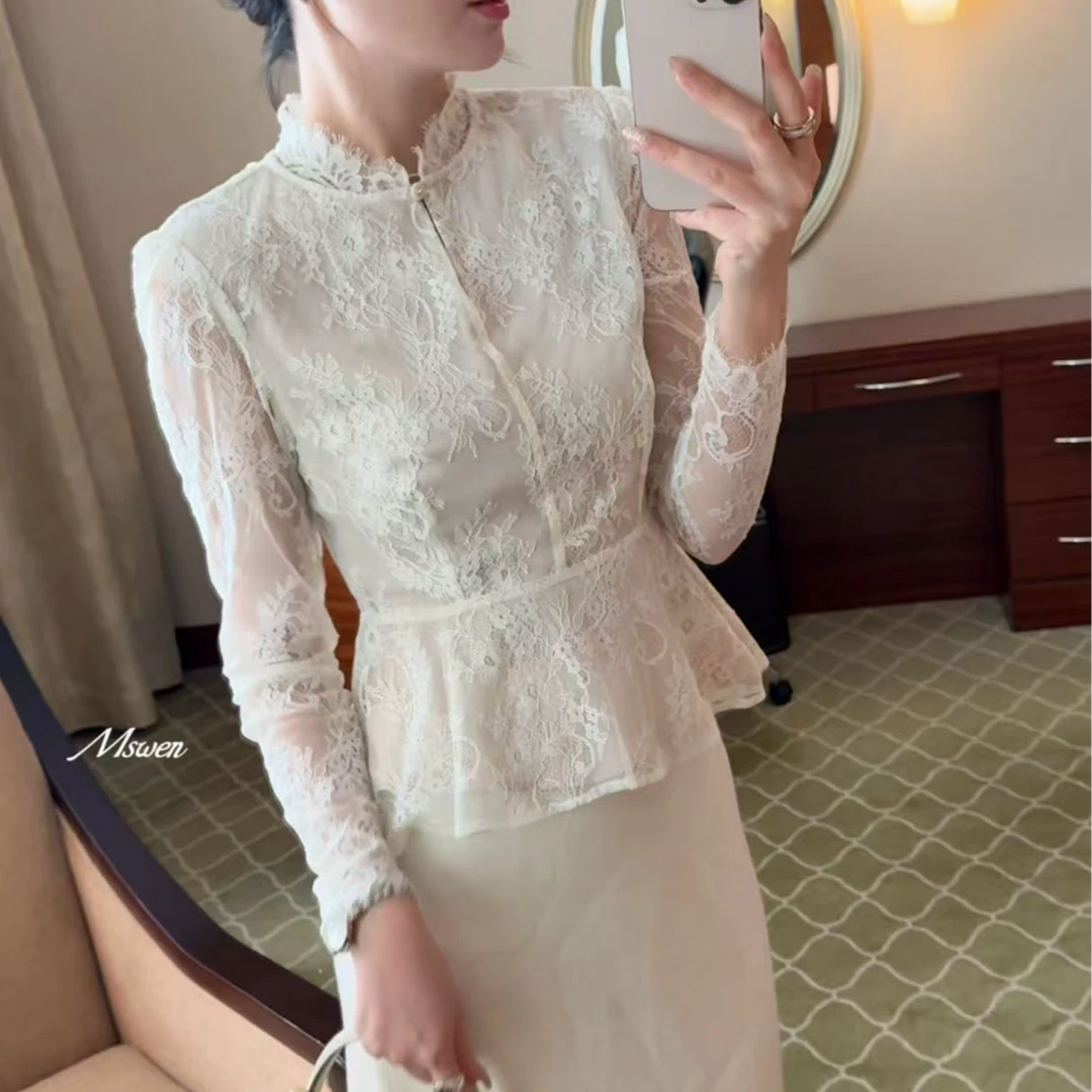 【WENZO】水滴~秋季时尚修身显瘦水滴领镂空打底蕾丝W240901