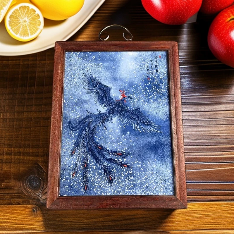 景德镇陶瓷瓷板画花鸟青花凤凰衔书实木边框37*28cm