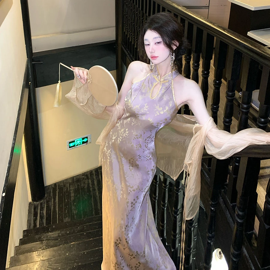 【9491】【紫鸢】夏季新中式改良连衣裙紫色性感无袖长款旗袍裙