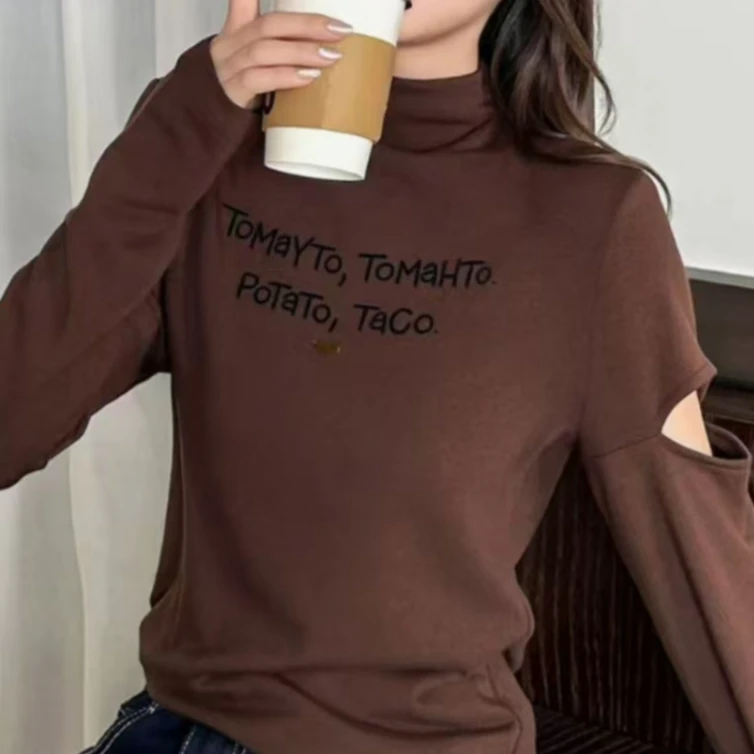 【锦衣服饰】JY 268磨毛字母半高领袖镂空打底衫