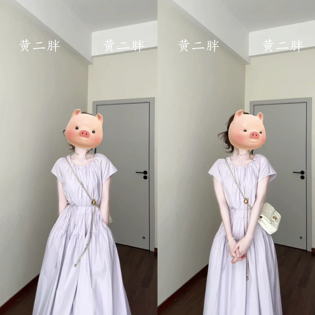 法式简约压褶圆领短袖连衣裙女士夏季百搭显瘦纯色设计感休闲长裙