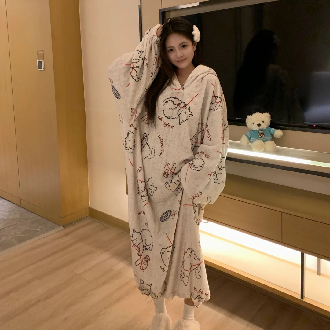 iolloi冬天保暖长袖睡裙可外穿连帽睡袍大码中长款睡衣女韩版网红