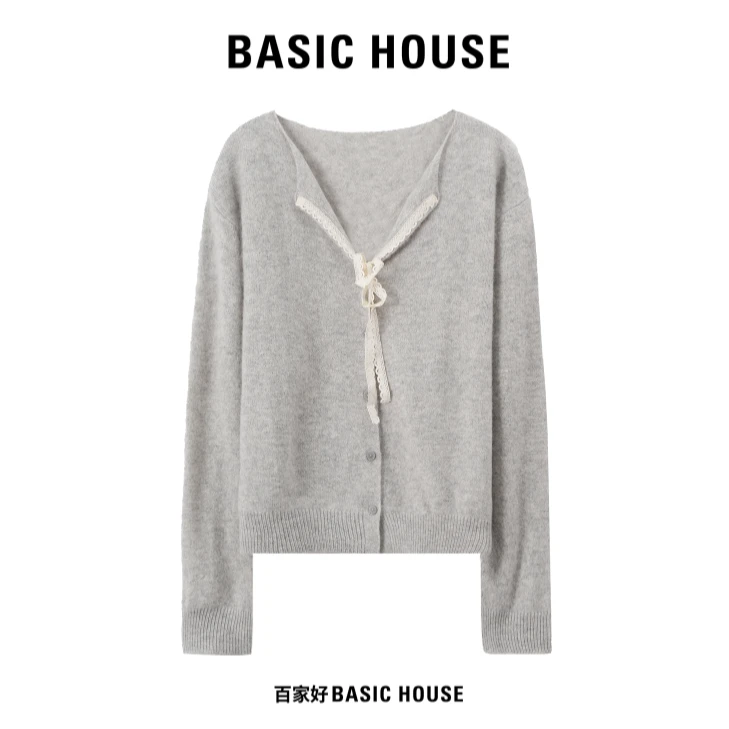 Basic House/百家好2025秋绑带绞花设计师温柔粉色针织衫Q662 QQ