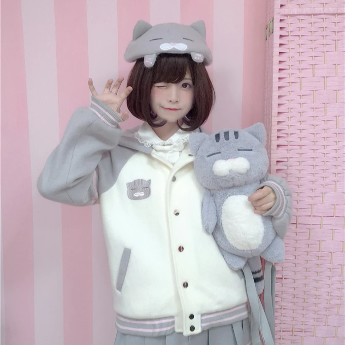【To Alice】熊之原创丧猫可爱软糯拼色毛呢棒球外套日系软妹百搭