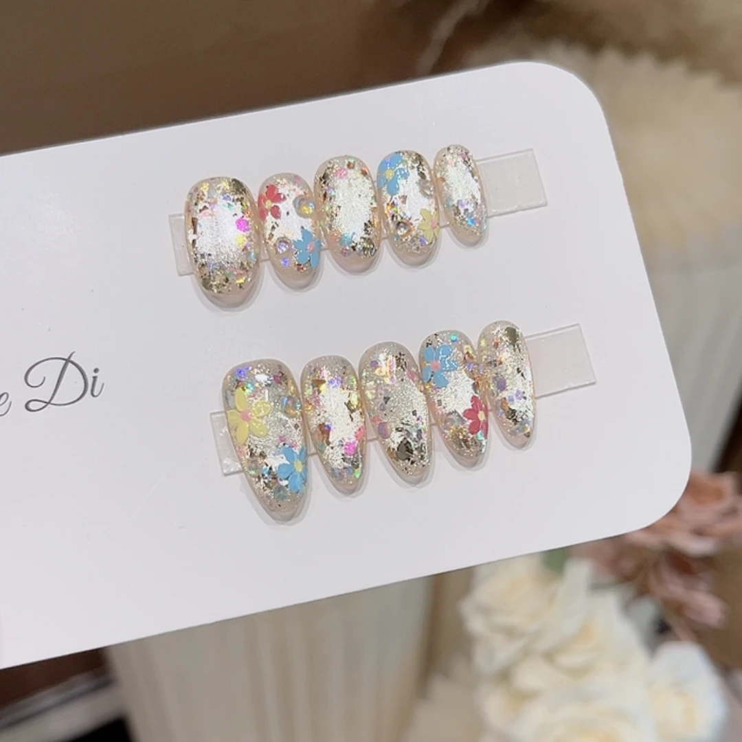 【月下花海】姐弟纯手工穿戴美甲亮片手绘花夏日BB549