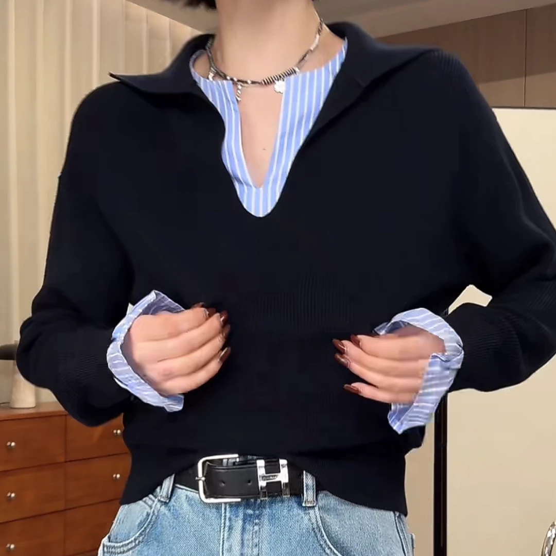设计款假两件撞色拼接条纹针织衫女2025新款早春小众百搭时尚上衣
