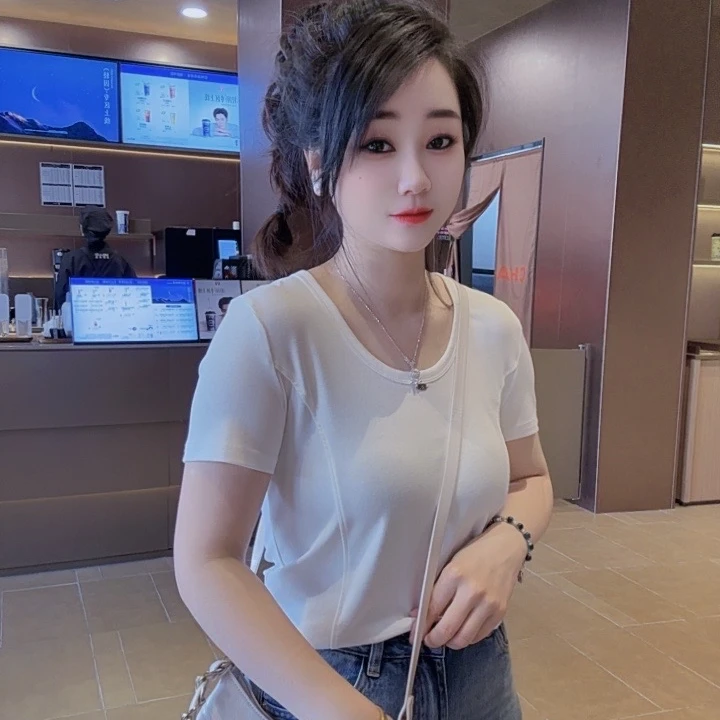 丹丹精选--65新款圆领后背拼接蕾丝钩花短袖T恤