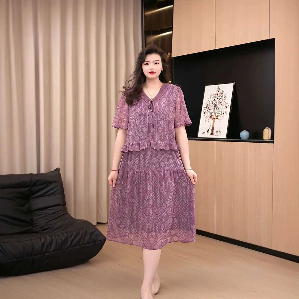 【直播爆款】2025春夏女人味气质优雅大码女装假两件荷花边连衣裙子