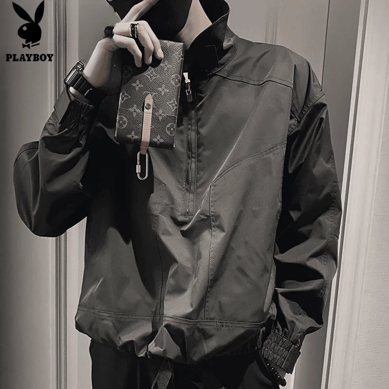 花花公子半拉链夹克春秋季潮牌新款休闲痞帅机能风时尚外套男