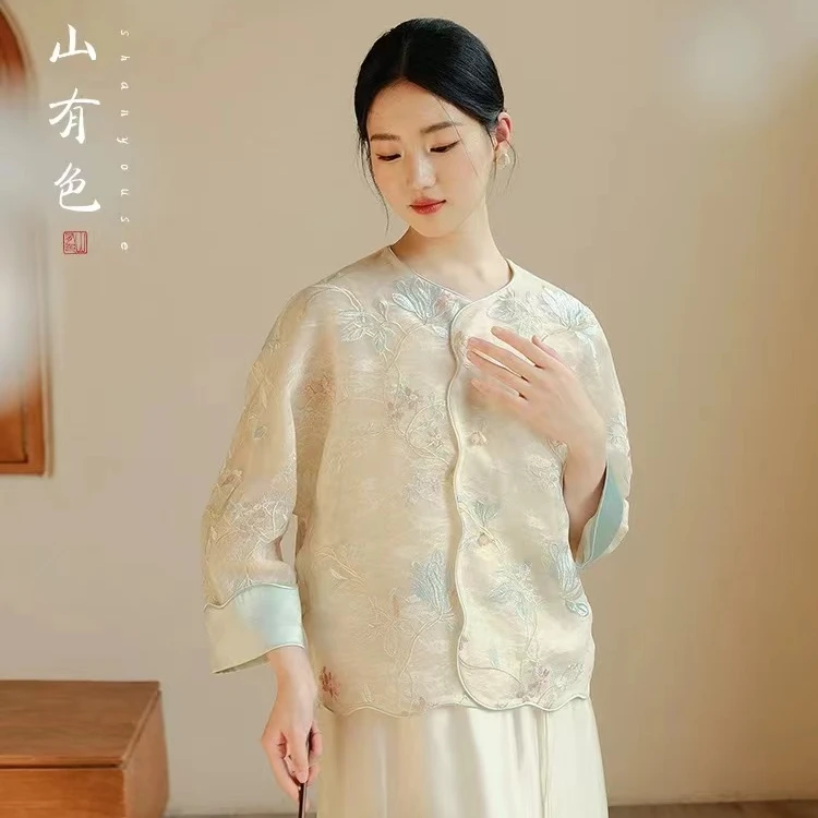 山有色2025新中式‘晚香玉’开衫刺绣防晒薄款绣花印花短外套8016