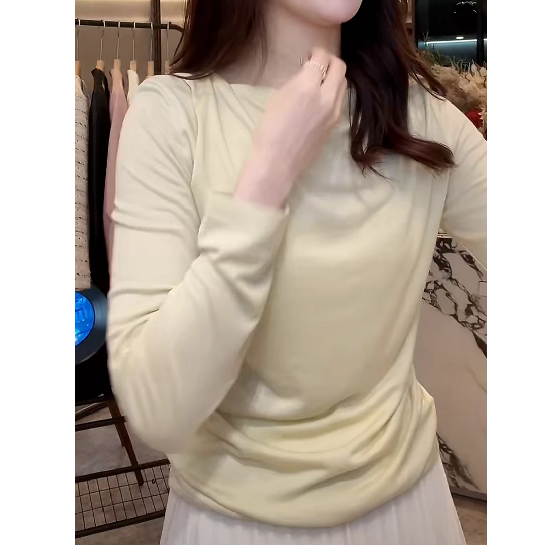 设计感薄款软糯长袖T恤女2025新款春季韩版纯色女士修身打底衫