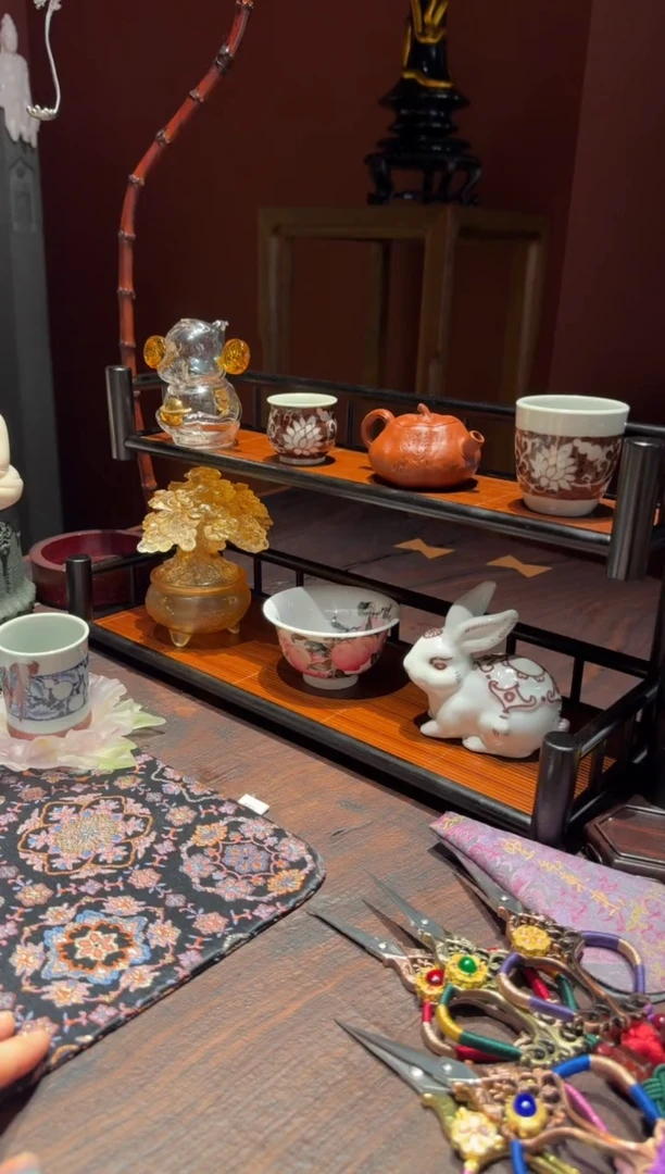 竹编双层置物架收纳茶器