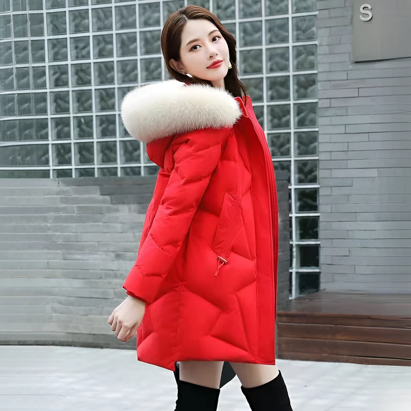 菱形羽绒服女款爆款2025新款正品冬季加厚韩版显瘦毛领棉袄女外套