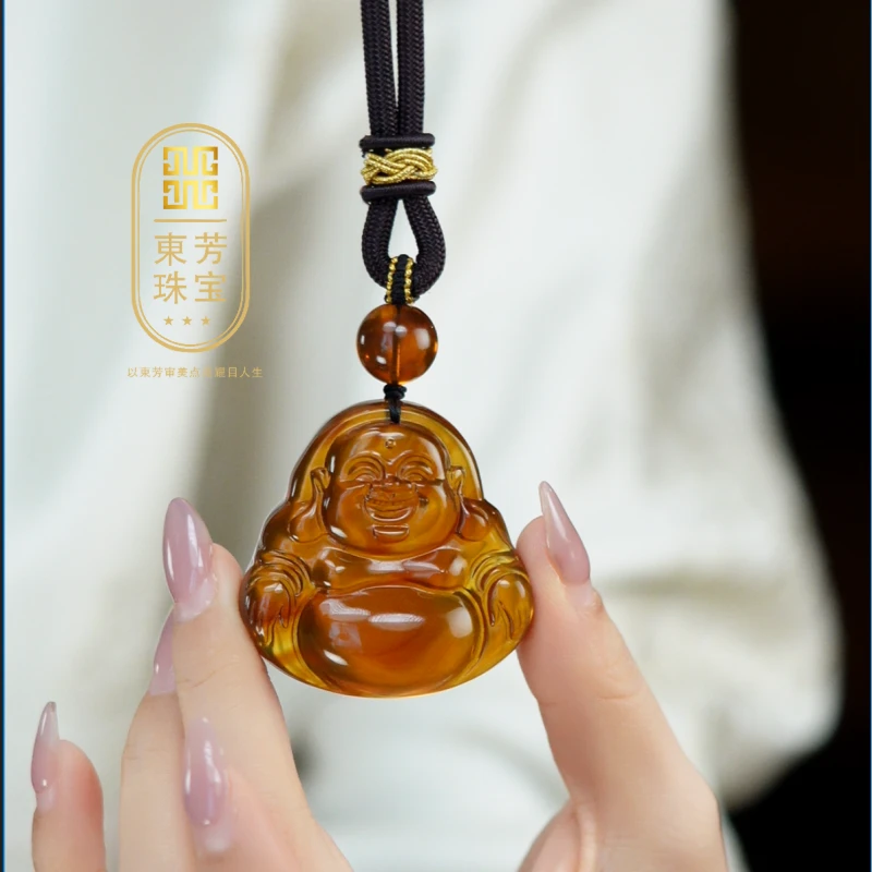 東芳珠宝-缅甸天然琥珀灵草珀大肚佛公项链琥珀项链笑佛雕刻绳编