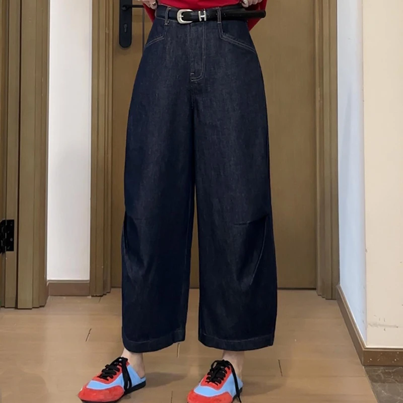 韩系ins风潮流牛仔裤女士2025夏款新款设计感捏褶九分丹宁阔腿裤