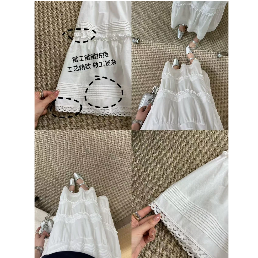 20602~白色半裙必入单品～青春活力100%棉重工拼接蛋糕裙女现货发