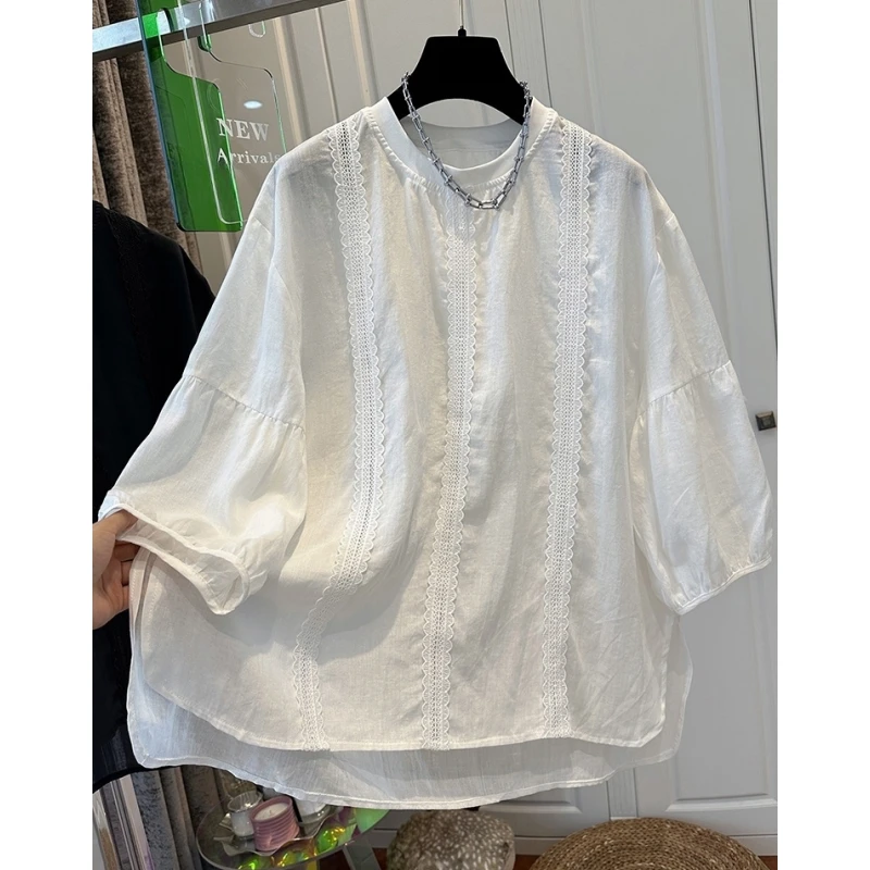 超好看包边圆领蕾丝拼接镂空薄款中袖衬衫女上衣宽松防晒夏季新款