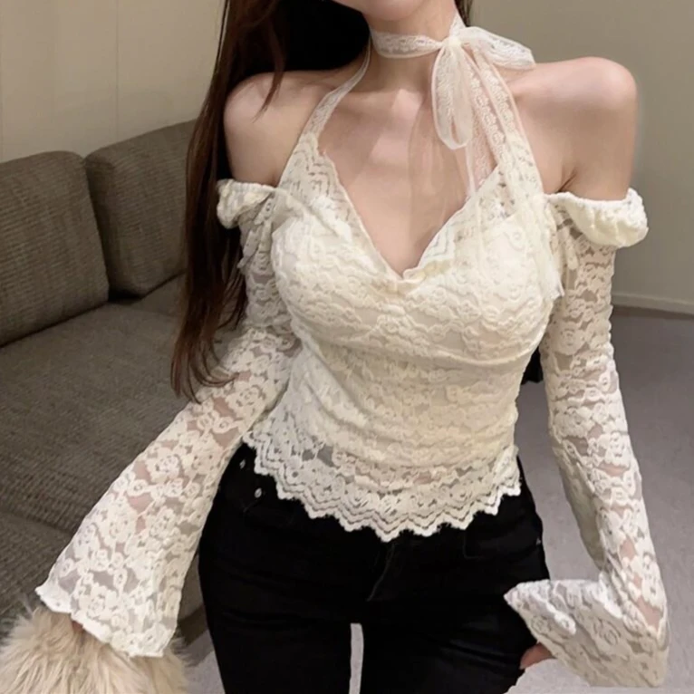 法式蕾丝打底衫镂空女长袖春季款纯欲性感内搭喇叭袖挂辣妹外穿