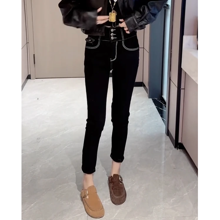 大码女装复古明线设计小脚牛仔裤女2025秋季新款修身九分铅笔裤子