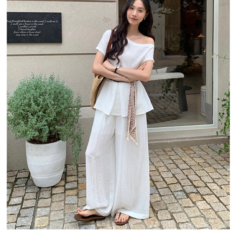 JIAHUI赴约极简女装套装法式气质上衣夏季轻职风休闲裤裤子两件套