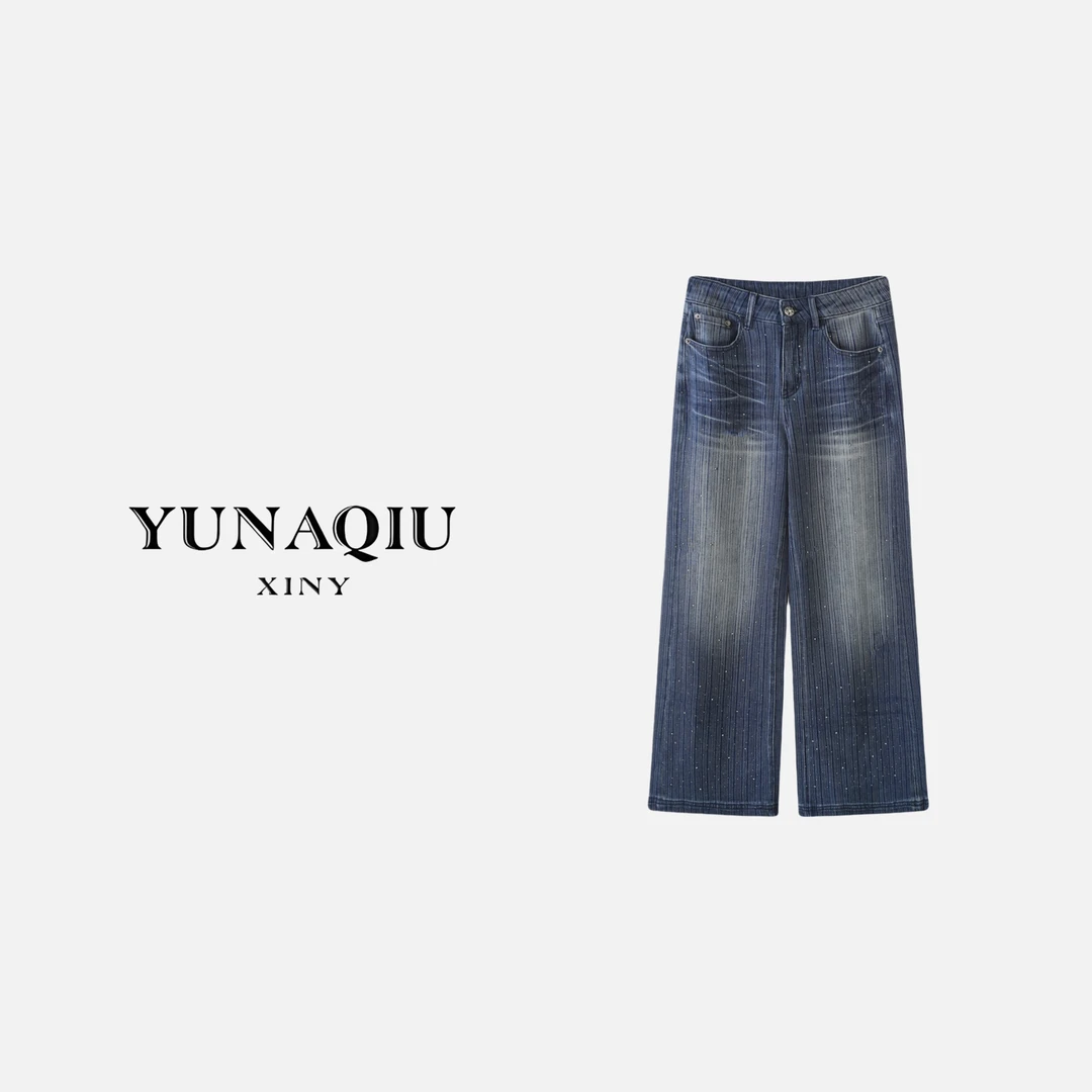 YUNAQIU-直筒复古宽松水洗做旧牛仔裤-9554