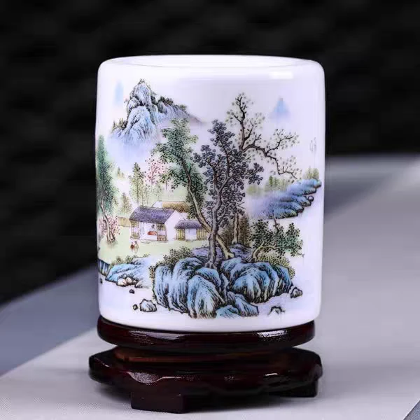景德镇陶瓷笔筒中式礼品摆件毛笔笔筒大容量教师节礼物（不带底座）