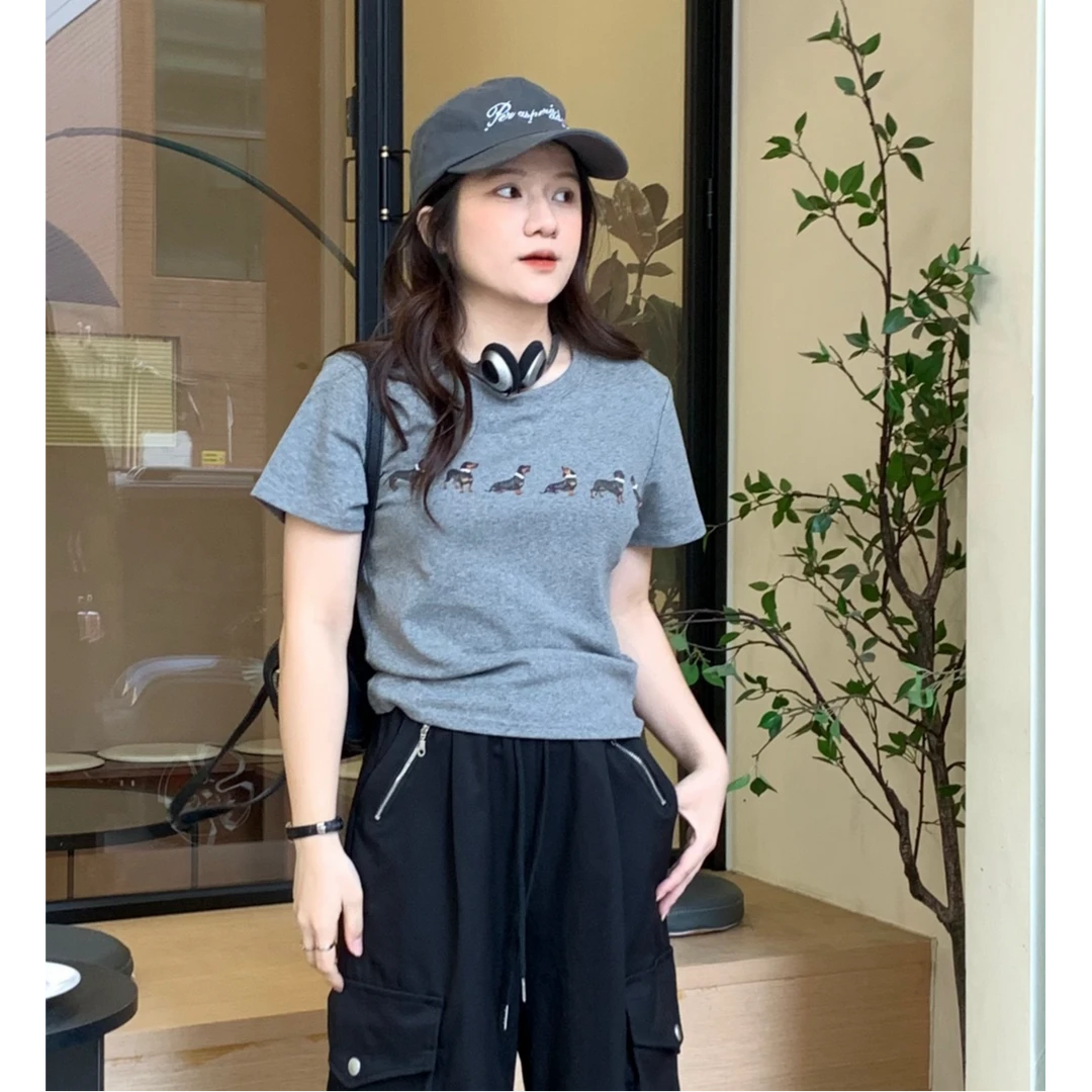 栗子小个子 Jennie 同款2025年新款狗狗珍珠装饰印花弹力短袖T恤