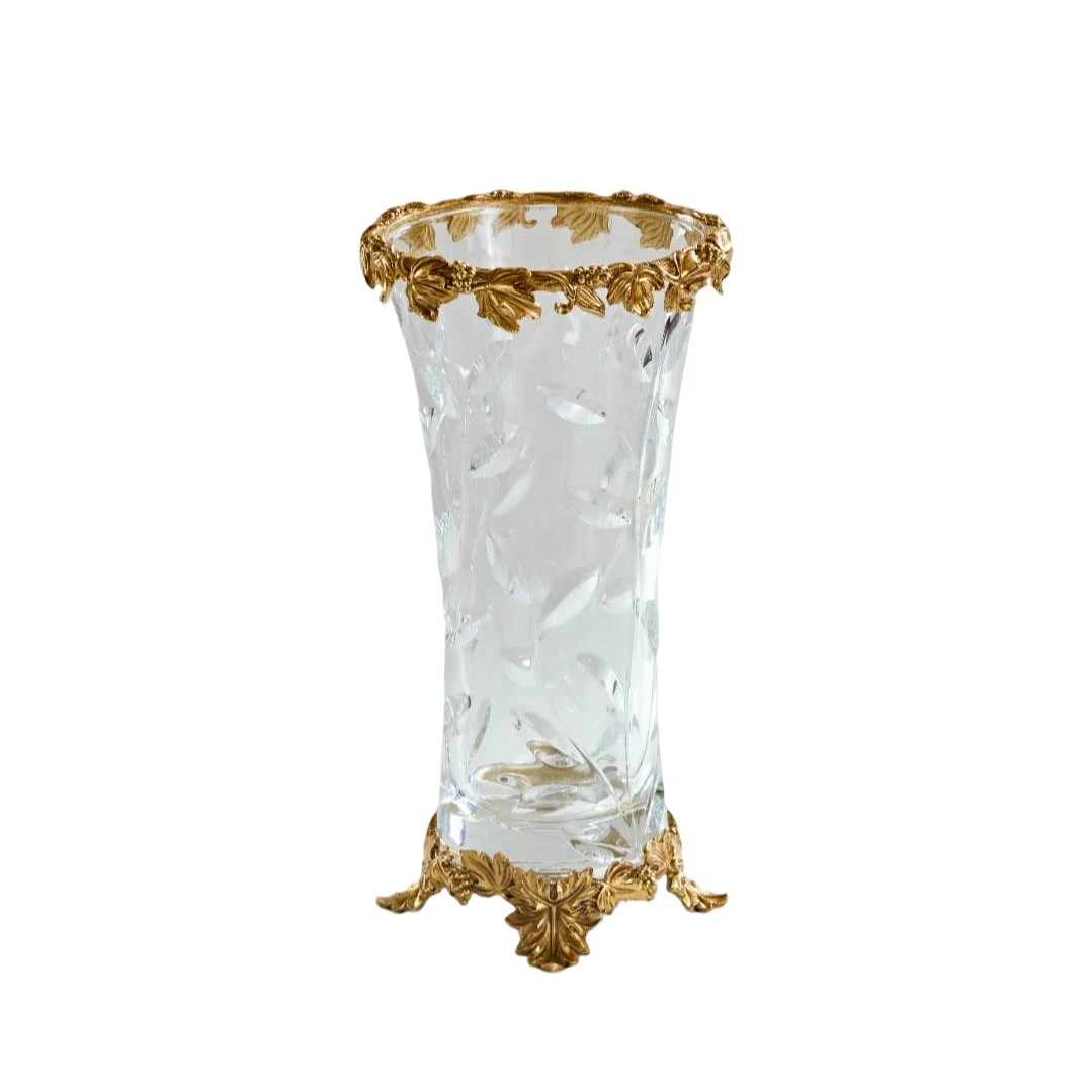 【奇居至卷】藤蔓刻花黄铜水晶玻璃花瓶客厅摆件#G1157