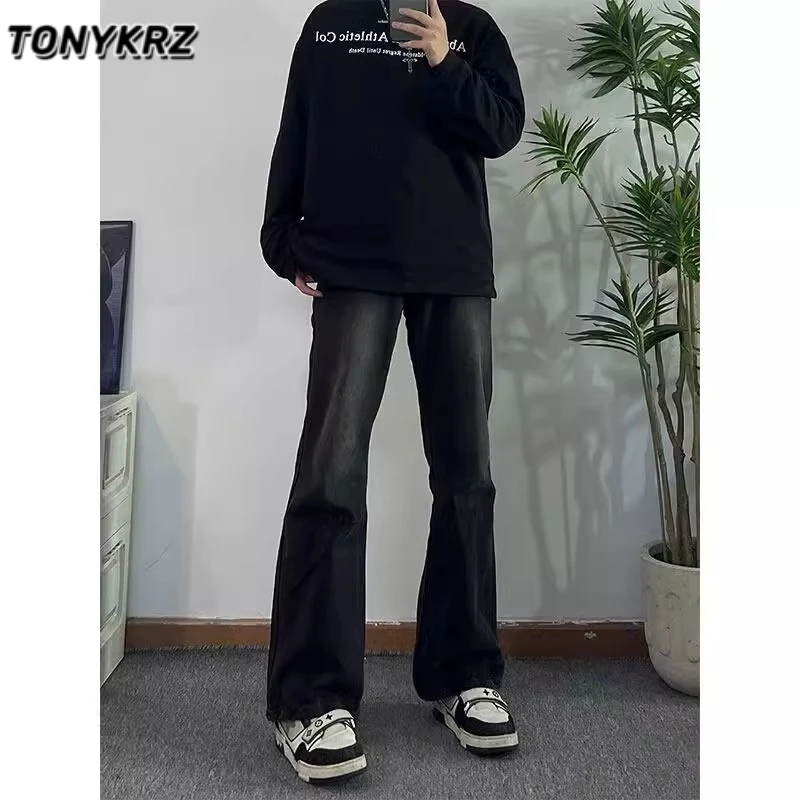 TONYKRZ渐变色美式修身牛仔裤男款vibe裤子设计感水洗做旧微喇裤