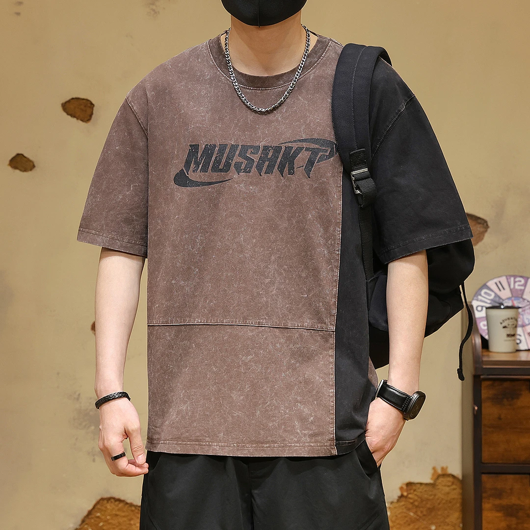 美式高端重磅260g复古扎染拼接短袖t恤男夏季大码新款半袖纯棉潮T