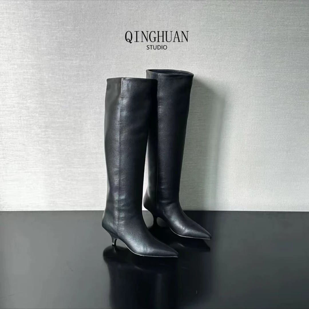 【清欢2店】超显腿直极简风小跟及膝靴 | 藏肉百搭真皮后缩跟 |5cm