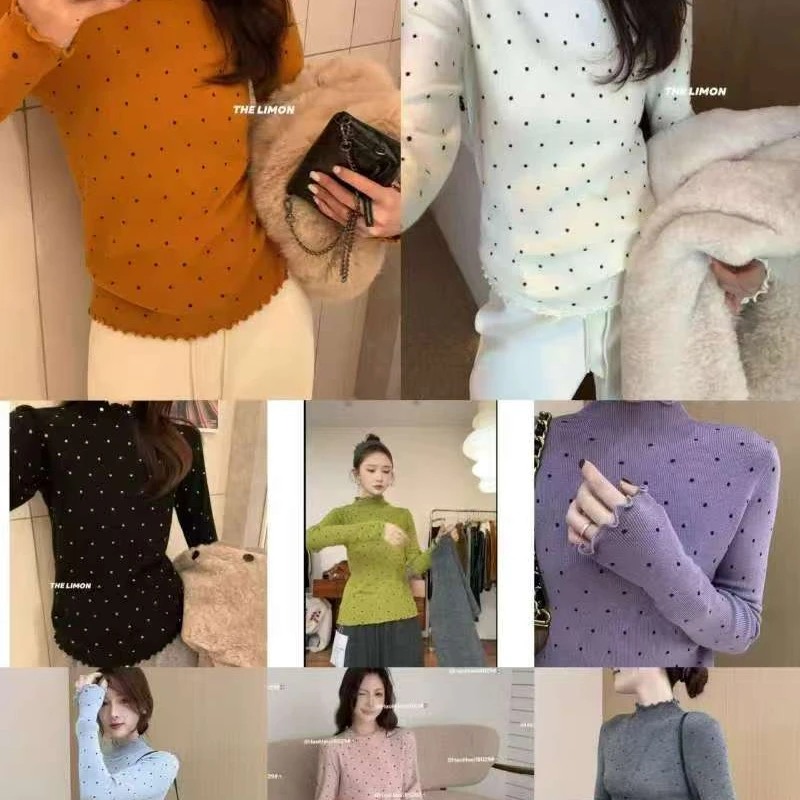 “Daying”1727双面暖绒花边领波点彩色打底上衣