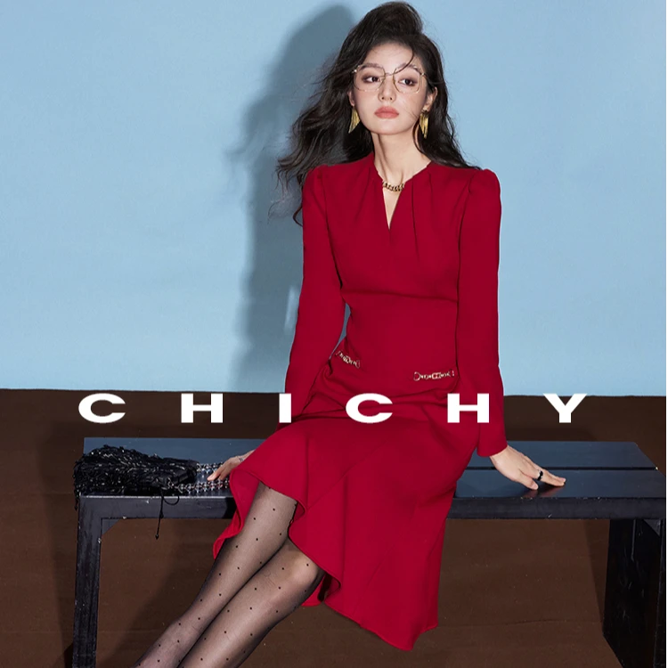 【芊芊专属】CHICHY法式名媛红色修身鱼尾连衣裙CC8F003244