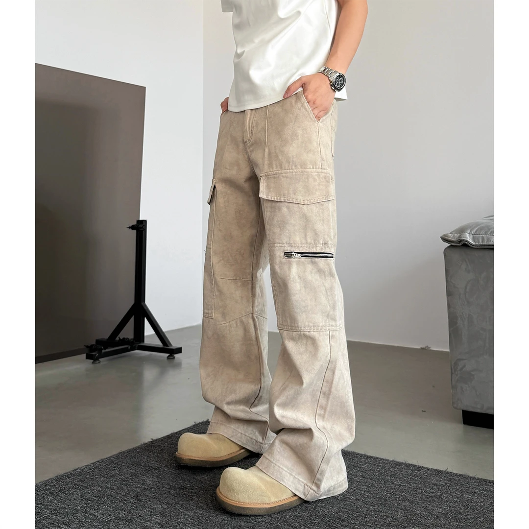 【大理石拉链】甄枚前复古cleanfit大理石夏季宽松拉链直筒工装裤