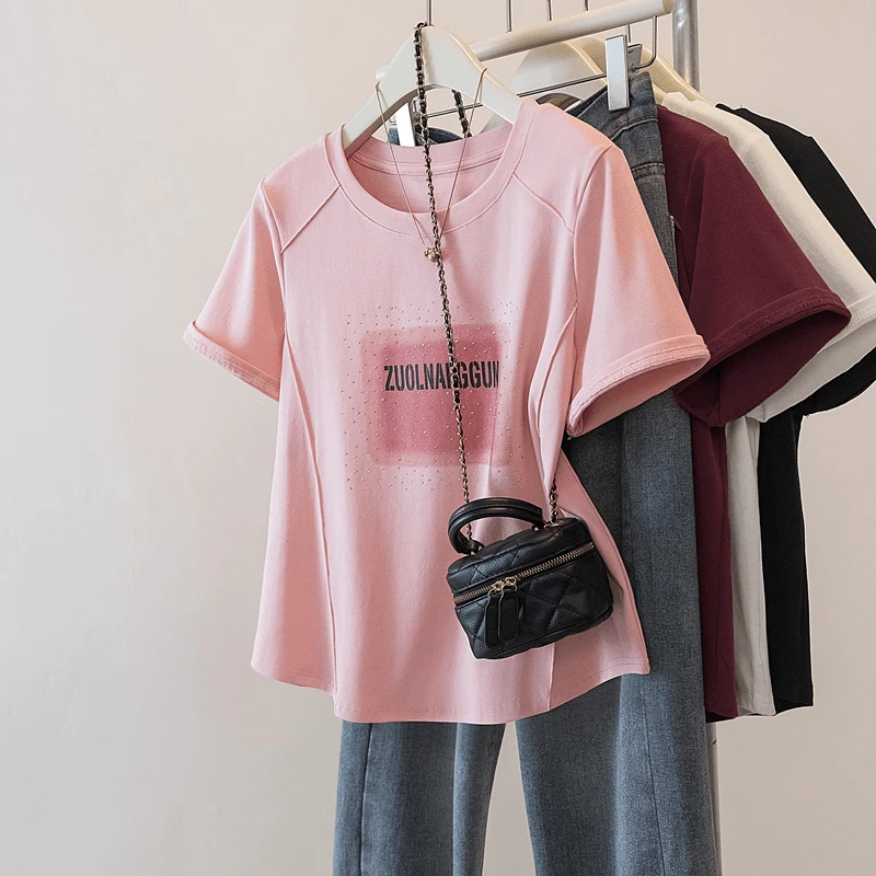 大码胖mm鱼骨遮肉宽松短袖印花T恤女夏季新款时尚圆领休闲风上衣