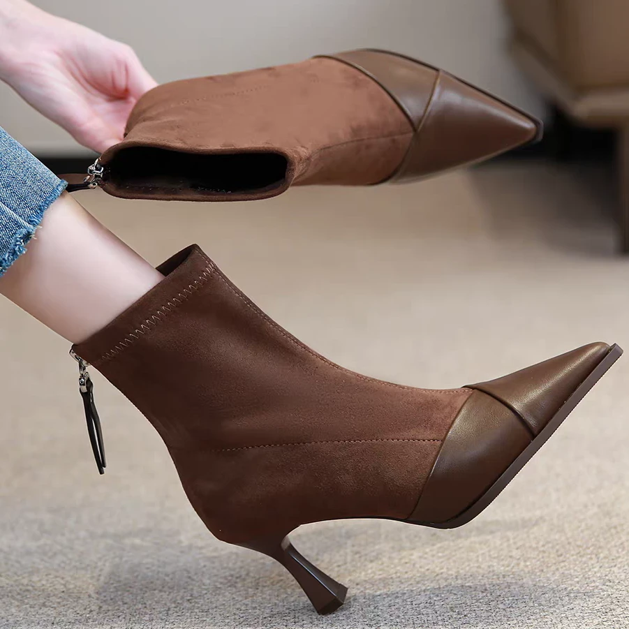 尖头弹力袜靴短靴女细跟高跟鞋秋冬裸靴女2025新款瘦瘦靴气质网红