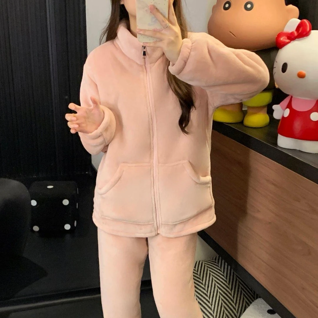 女士新款秋冬季加绒加厚睡衣休闲套装拉链款家居服可外穿